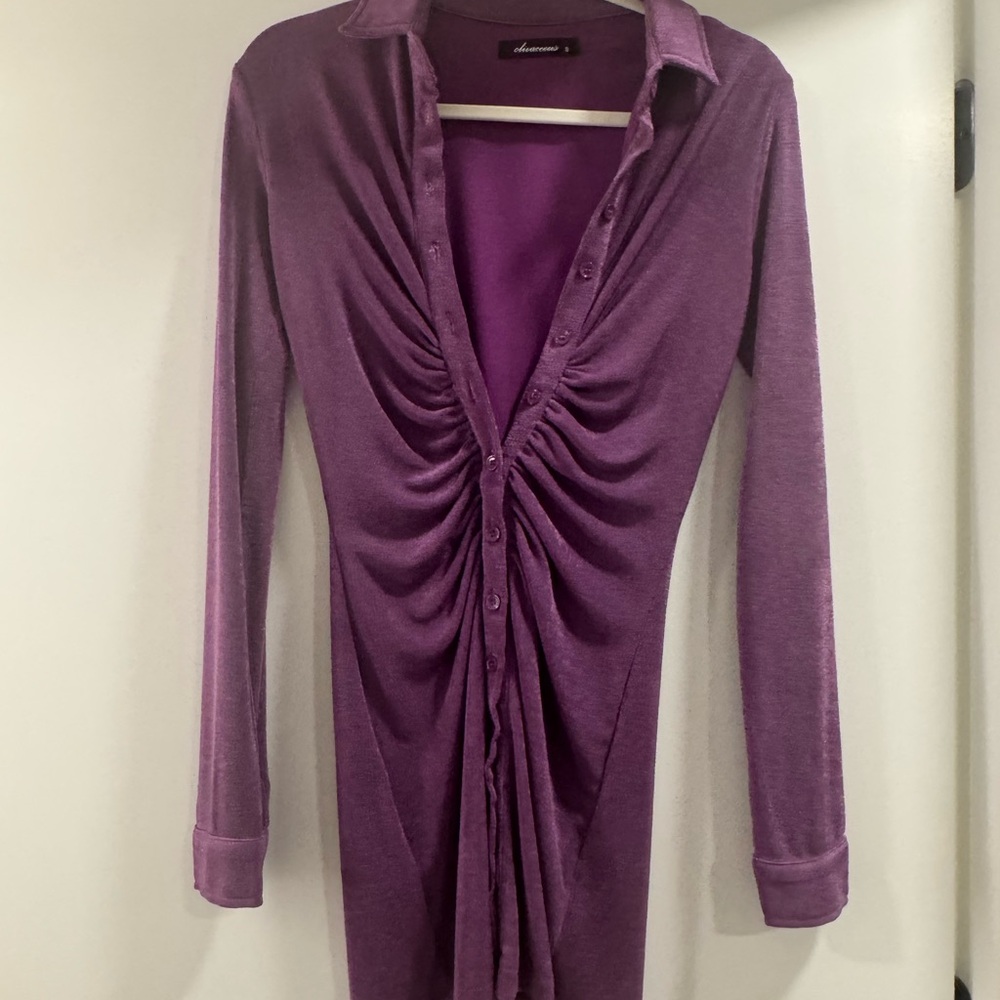 Purple Long-Sleeve Ruched Dress